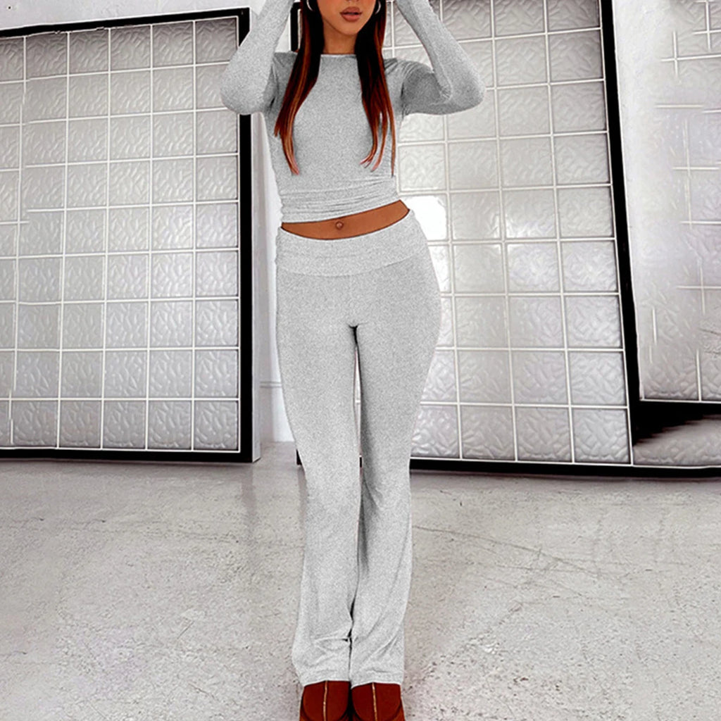 Women’s 2 Piece Lounge Set Fold Over Flare Pants and Cropped Top Slim Fit Casual Pajama Outfit