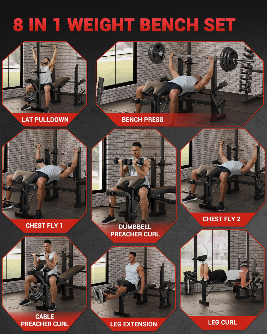 Adjustable 4 in 1 Weight Bench Set with Leg Developer Barbell Rack Butterfly Arm Preacher Foldable Workout Bench for Home Gym