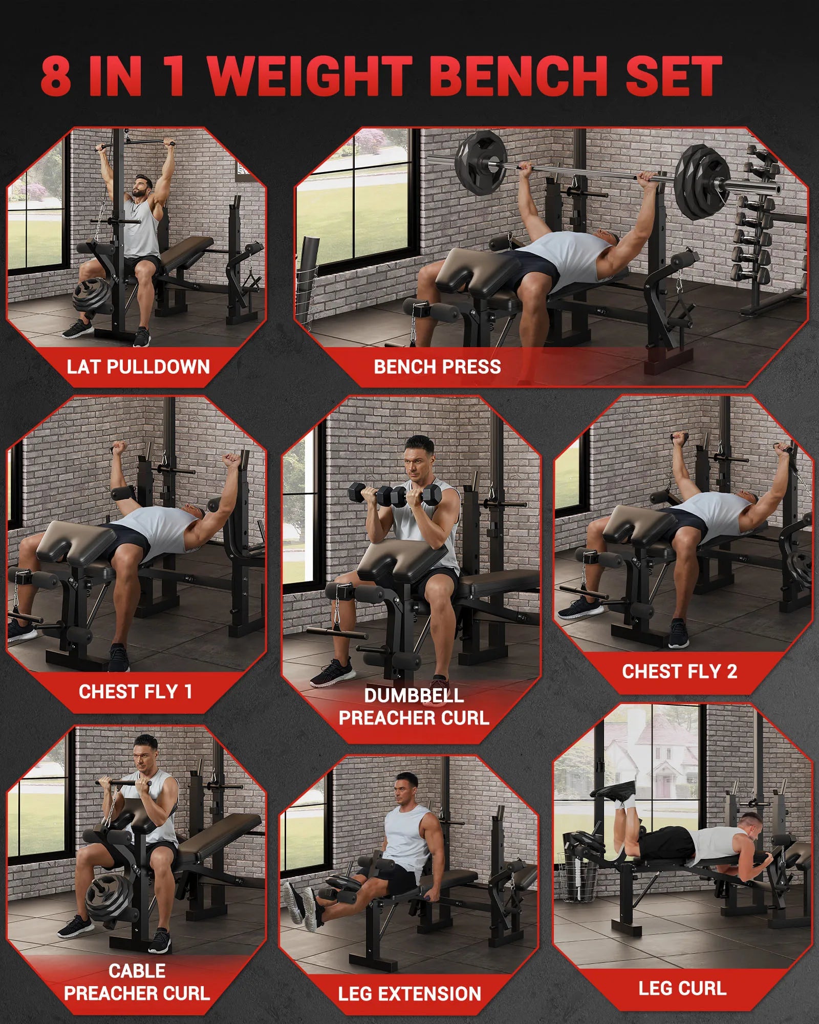 Adjustable 4 in 1 Weight Bench Set with Leg Developer Barbell Rack Butterfly Arm Preacher Foldable Workout Bench for Home Gym