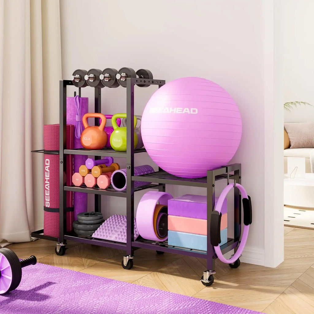 6 Tier Adjustable Gym Storage Rack with Wheels for Dumbbells Yoga Mats and Fitness Equipment