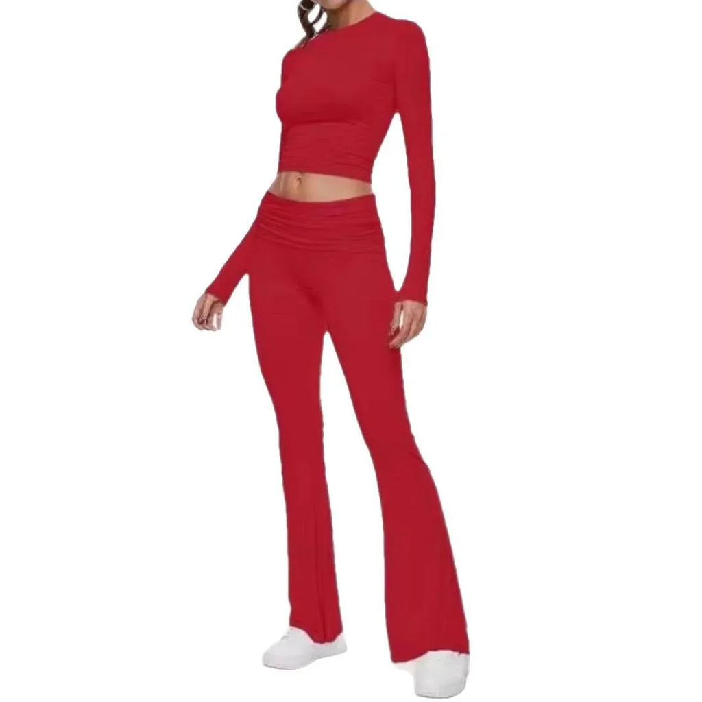 Women’s Long Sleeve Top and Flared Pants Set Fashionable Stylish Polyester Fiber